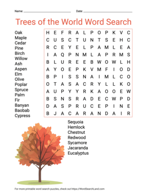 Printable Trees of the World Word Search (PDF & PNG)