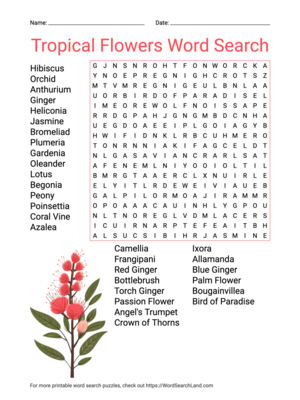 Printable Tropical Flowers Word Search (PDF & PNG)