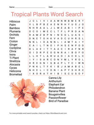 Printable Tropical Plants Word Search (PDF & PNG)