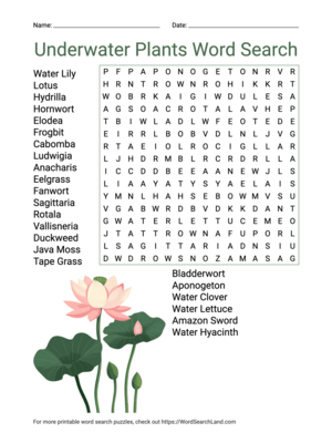 Printable Underwater Plants Word Search (PDF & PNG)