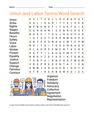 Printable Union and Labor Terms Word Search (PDF & PNG)