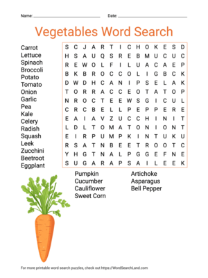 Printable Vegetables Word Search (PDF & PNG)