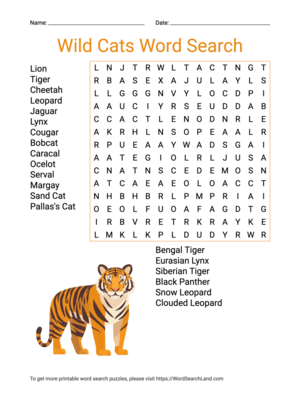 Printable Wild Cats Word Search (PDF & PNG)