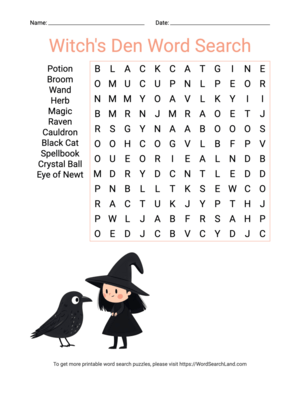 Printable Witch's Den Word Search (PDF & PNG)