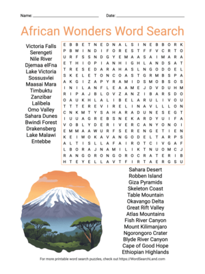 Printable African Wonders Word Search (PDF & PNG)