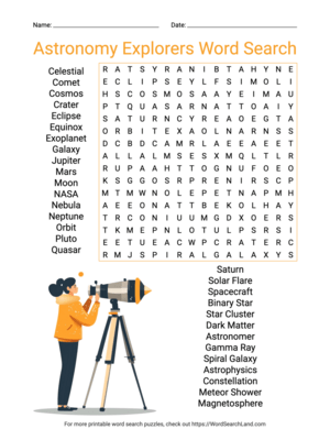 Printable Astronomy Explorers Word Search (PDF & PNG)