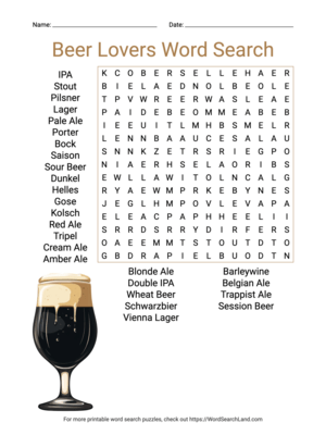 Printable Beer Lovers Word Search (PDF & PNG)