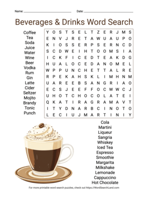 Printable Beverages & Drinks Word Search (PDF & PNG)