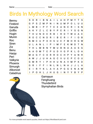 Printable Birds In Mythology Word Search (PDF & PNG)