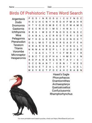 Printable Birds Of Prehistoric Times Word Search (PDF & PNG)