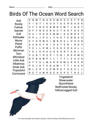 Printable Birds Of The Ocean Word Search (PDF & PNG)