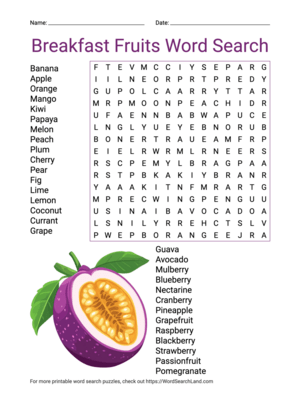 Printable Breakfast Fruits Word Search (PDF & PNG)