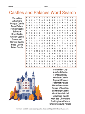 Printable Castles and Palaces Word Search (PDF & PNG)