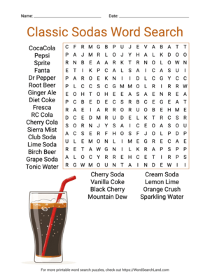 Printable Classic Sodas Word Search (PDF & PNG)