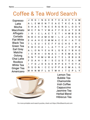 Printable Coffee & Tea Word Search (PDF & PNG)