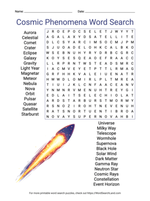 Printable Cosmic Phenomena Word Search (PDF & PNG)