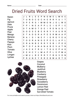 Printable Dried Fruits Word Search (PDF & PNG)