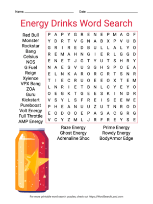 Printable Energy Drinks Word Search (PDF & PNG)