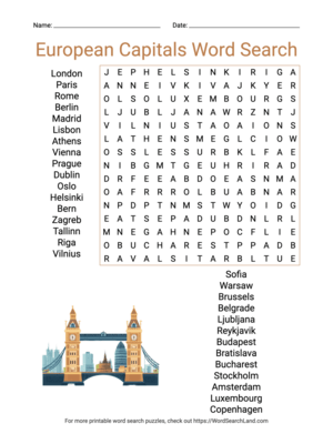 Printable European Capitals Word Search (PDF & PNG)