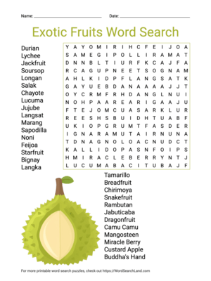 Printable Exotic Fruits Word Search (PDF & PNG)