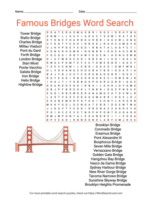 Printable Famous Bridges Word Search  (PDF & PNG)