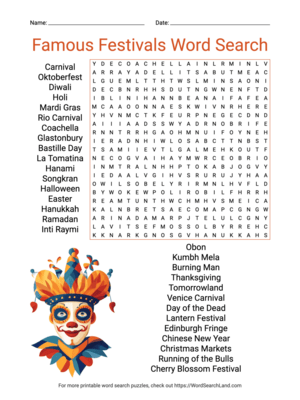 Printable Famous Festivals Word Search (PDF & PNG)