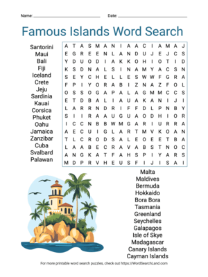 Printable Famous Islands Word Search  (PDF & PNG)