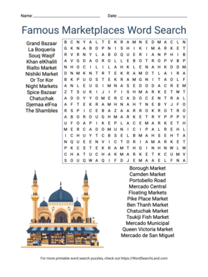 Printable Famous Marketplaces Word Search (PDF & PNG)