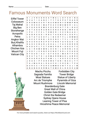 Printable Famous Monuments Word Search  (PDF & PNG)