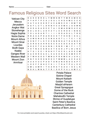 Printable Famous Religious Sites Word Search (PDF & PNG)