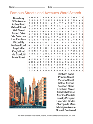 Printable Famous Streets and Avenues Word Search   (PDF & PNG)