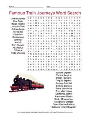 Printable Famous Train Journeys Word Search (PDF & PNG)