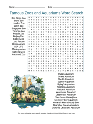 Printable Famous Zoos and Aquariums Word Search (PDF & PNG)