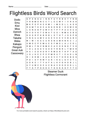 Printable Flightless Birds Word Search (PDF & PNG)