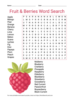 Printable Fruit & Berries Word Search (PDF & PNG)