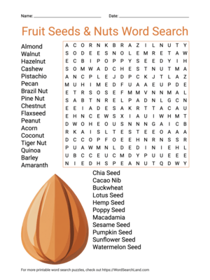 Printable Fruit Seeds & Nuts Word Search (PDF & PNG)