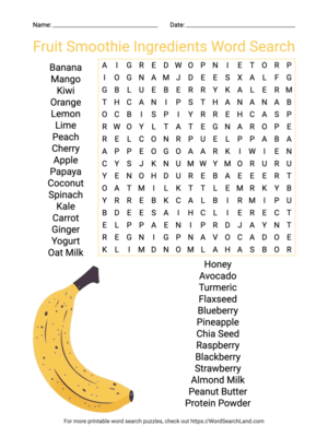 Printable Fruit Smoothie Ingredients Word Search (PDF & PNG)