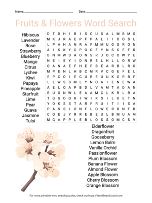 Printable Fruits & Flowers Word Search (PDF & PNG)