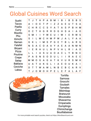 Printable Global Cuisines Word Search (PDF & PNG)