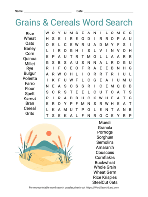 Printable Grains & Cereals Word Search (PDF & PNG)