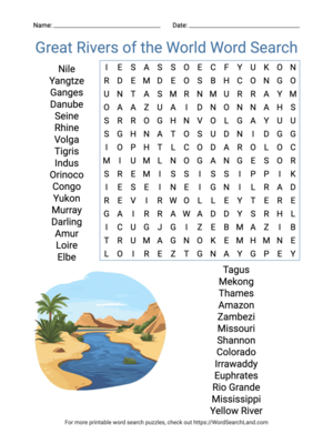 Printable Great Rivers of the World Word Search (PDF & PNG)