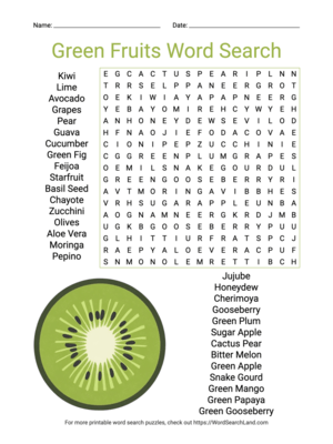 Printable Green Fruits Word Search (PDF & PNG)