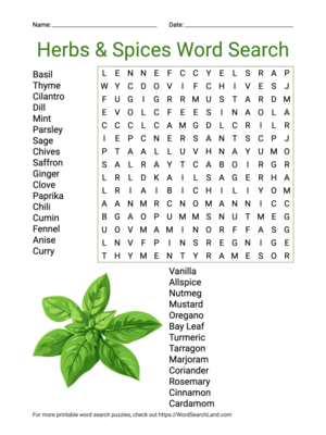 Printable Herbs & Spices Word Search (PDF & PNG)