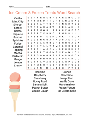 Printable Ice Cream & Frozen Treats Word Search (PDF & PNG)