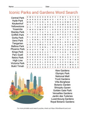 Printable Iconic Parks and Gardens Word Search (PDF & PNG)