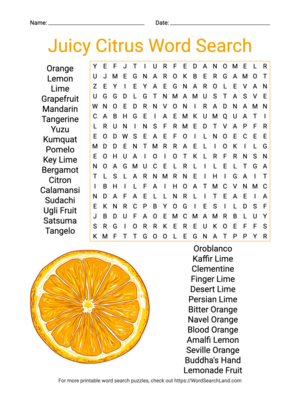 Printable Juicy Citrus Word Search (PDF & PNG)