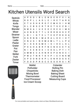 Printable Kitchen Utensils Word Search (PDF & PNG)