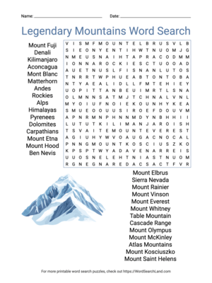 Printable Legendary Mountains Word Search (PDF & PNG)