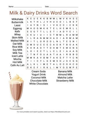 Printable Milk & Dairy Drinks Word Search (PDF & PNG)