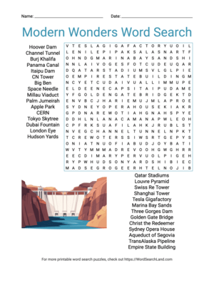 Printable Modern Wonders Word Search (PDF & PNG)